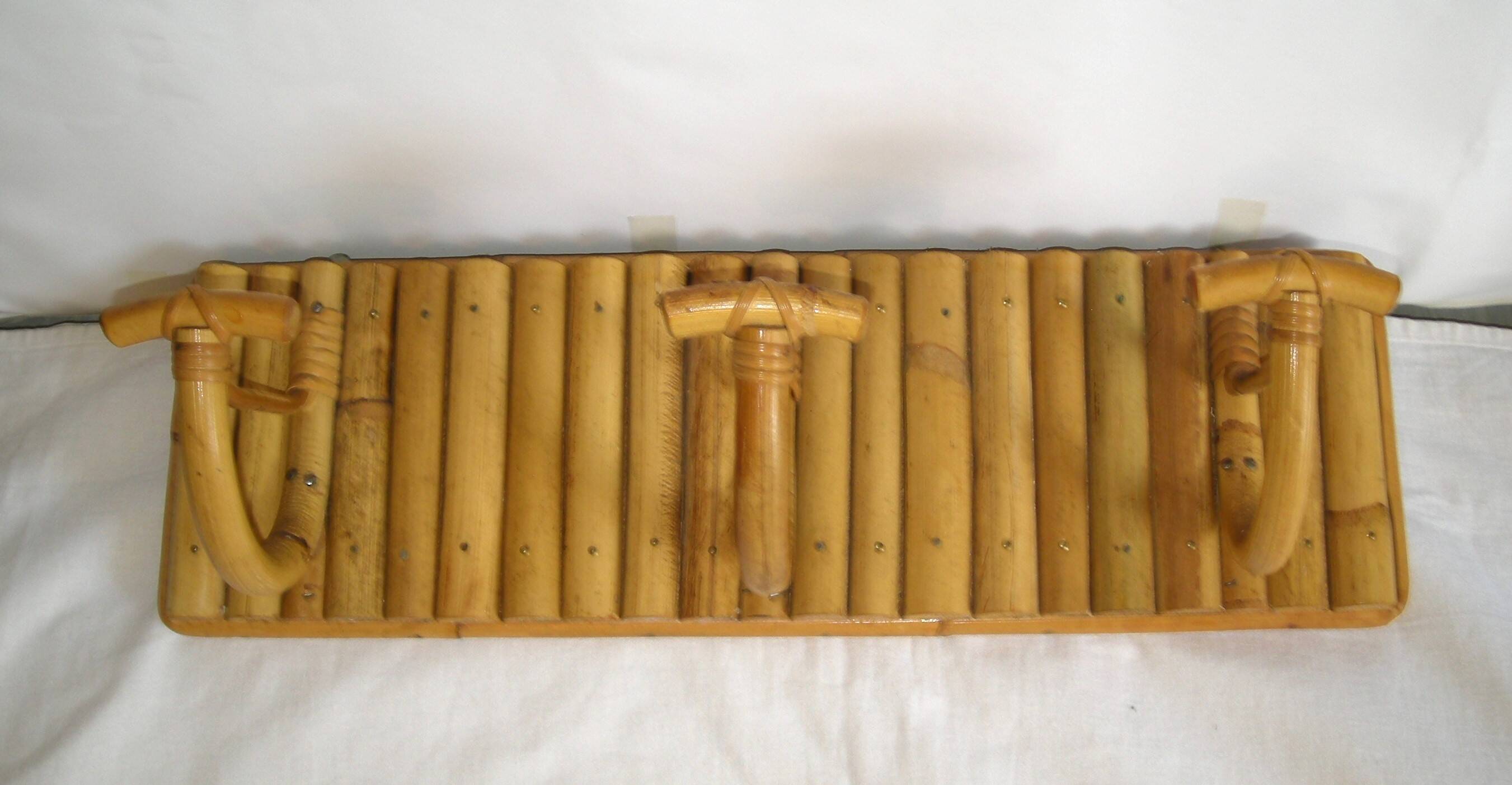 1950s bamboo rattan wall coat rack