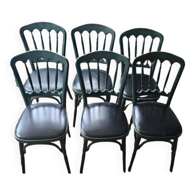 Suite de 6 chaises bistrot vert anglais et assise skaï noir