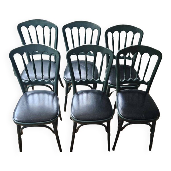 Suite de 6 chaises bistrot vert anglais et assise skaï noir