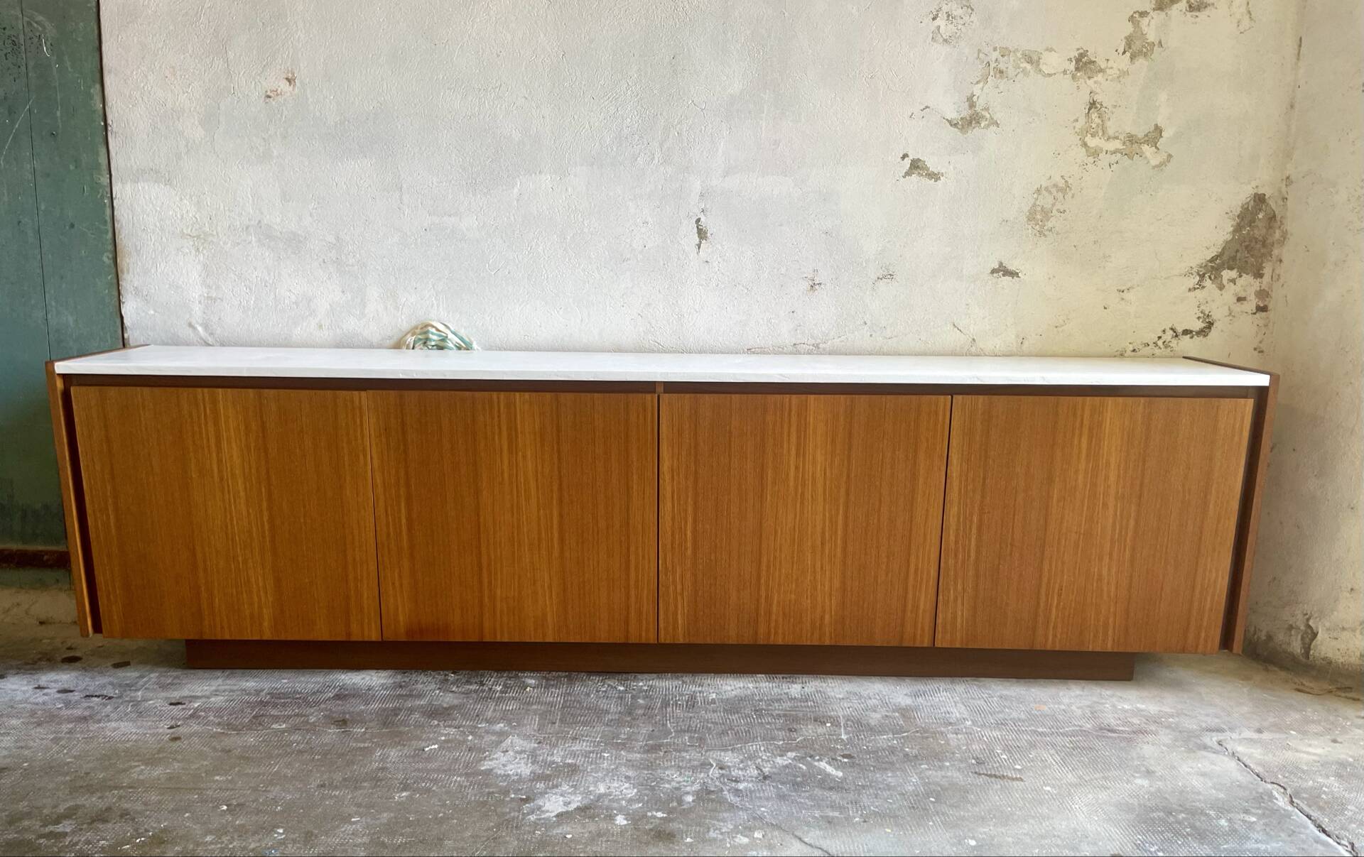 Large vintage sideboard 248 cm – wood & white mineral concrete top –