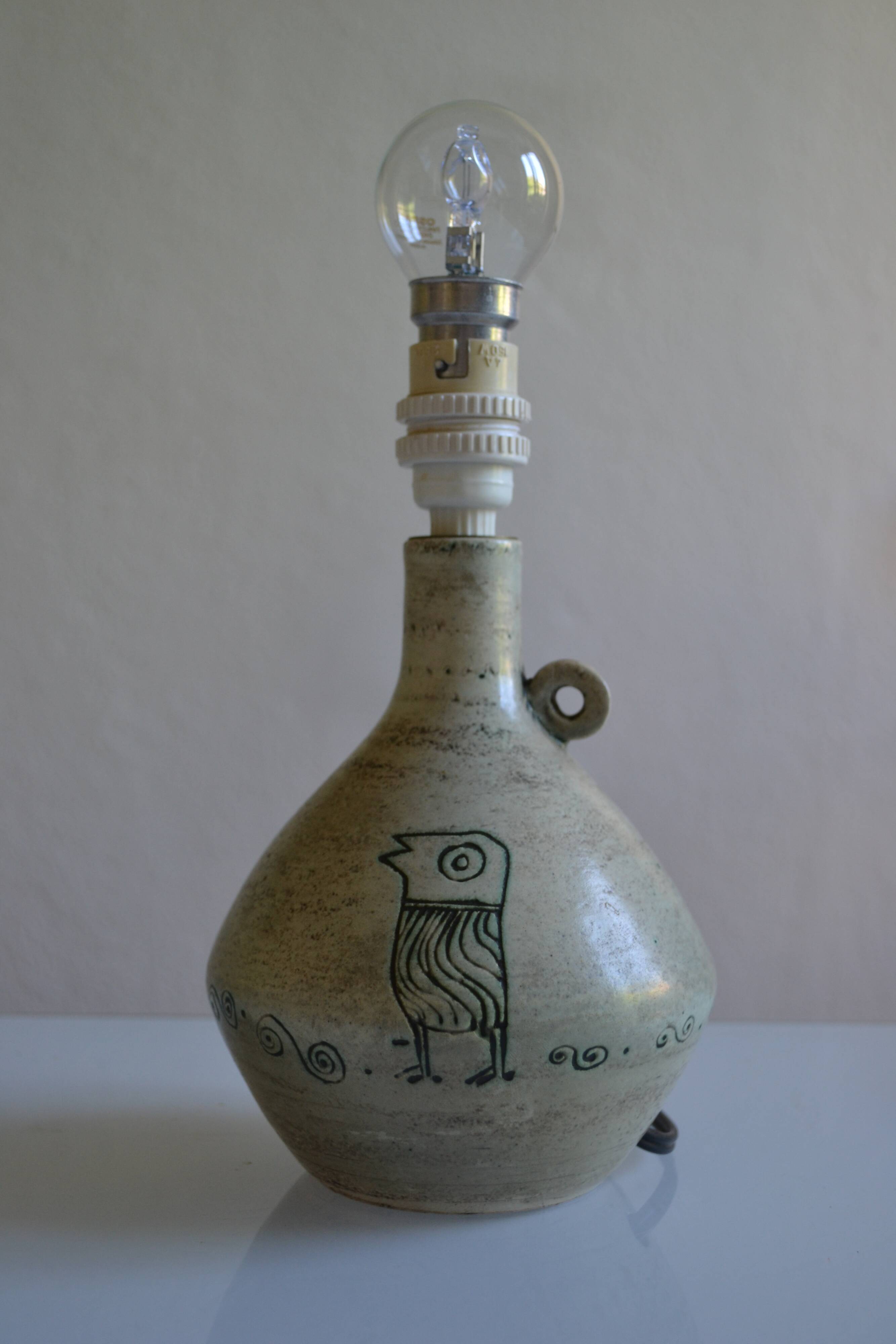 Jacques Blin ( 1920 1995 ) Pied de lampe céramique décor oiseau