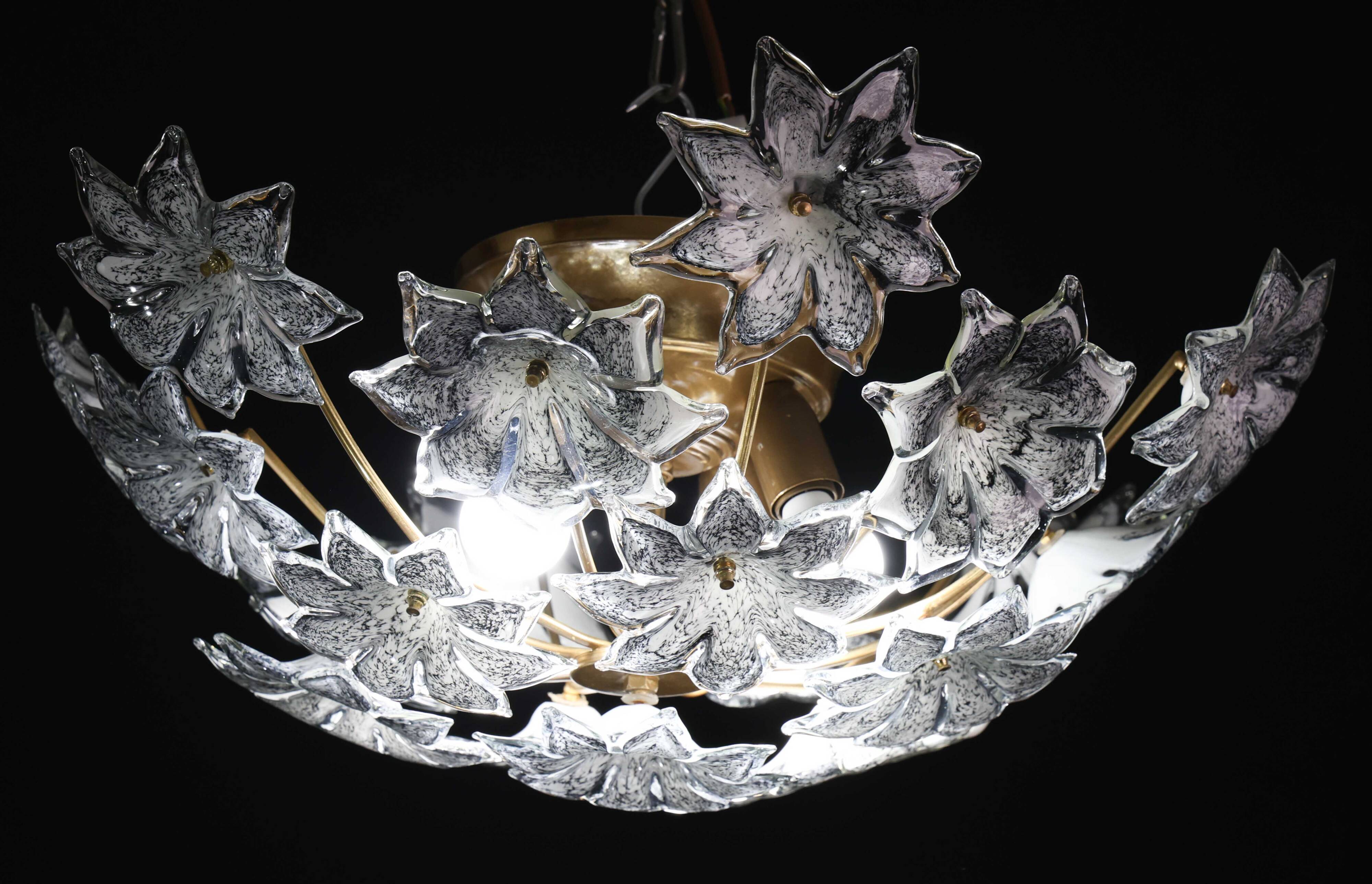 Large Murano Vintage Ceiling Light Black Flowers, 1970s