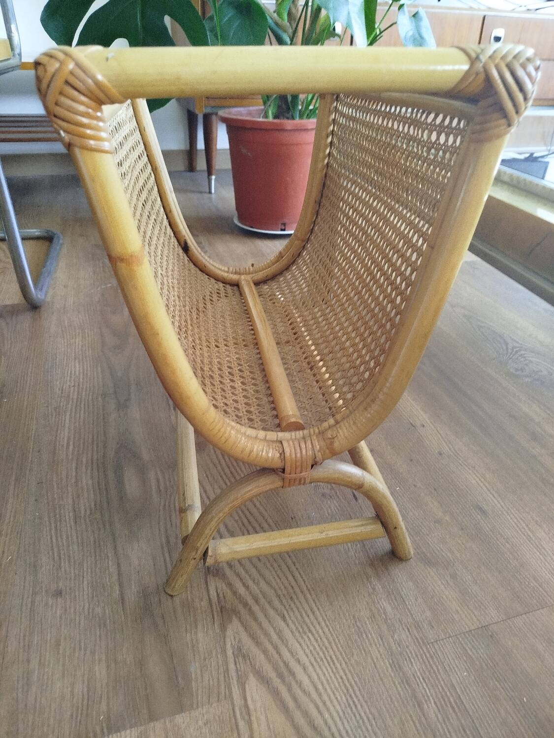 Fluted rattan magazine rack, 1950s