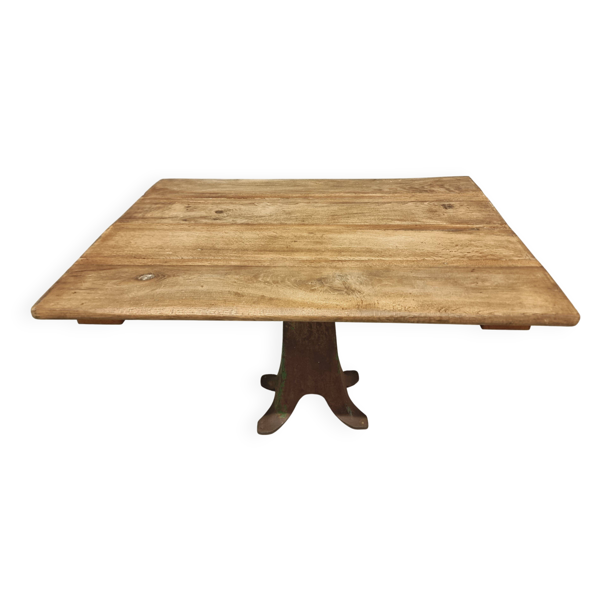 Antique oak dining table on cast iron base 93 x 123 cm