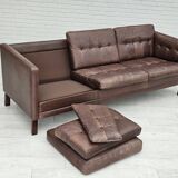 Années 1970, canapé classique danois 3 places, cuir marron d'origine.