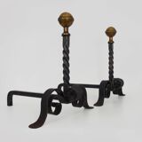 Large pair of wrought iron and brass ball fireplace andirons. 19th century