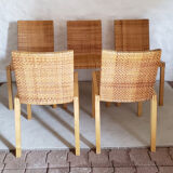 5 wooden and rattan chairs