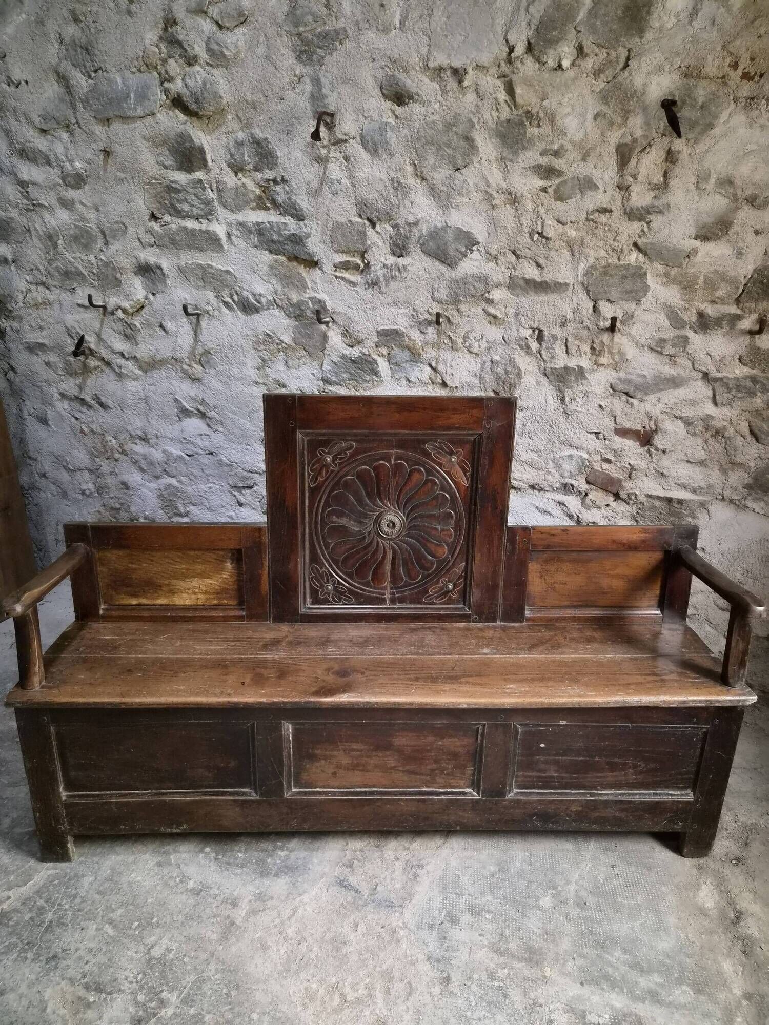 Old French popular art bench from Auvergne, circa 1800–1850
