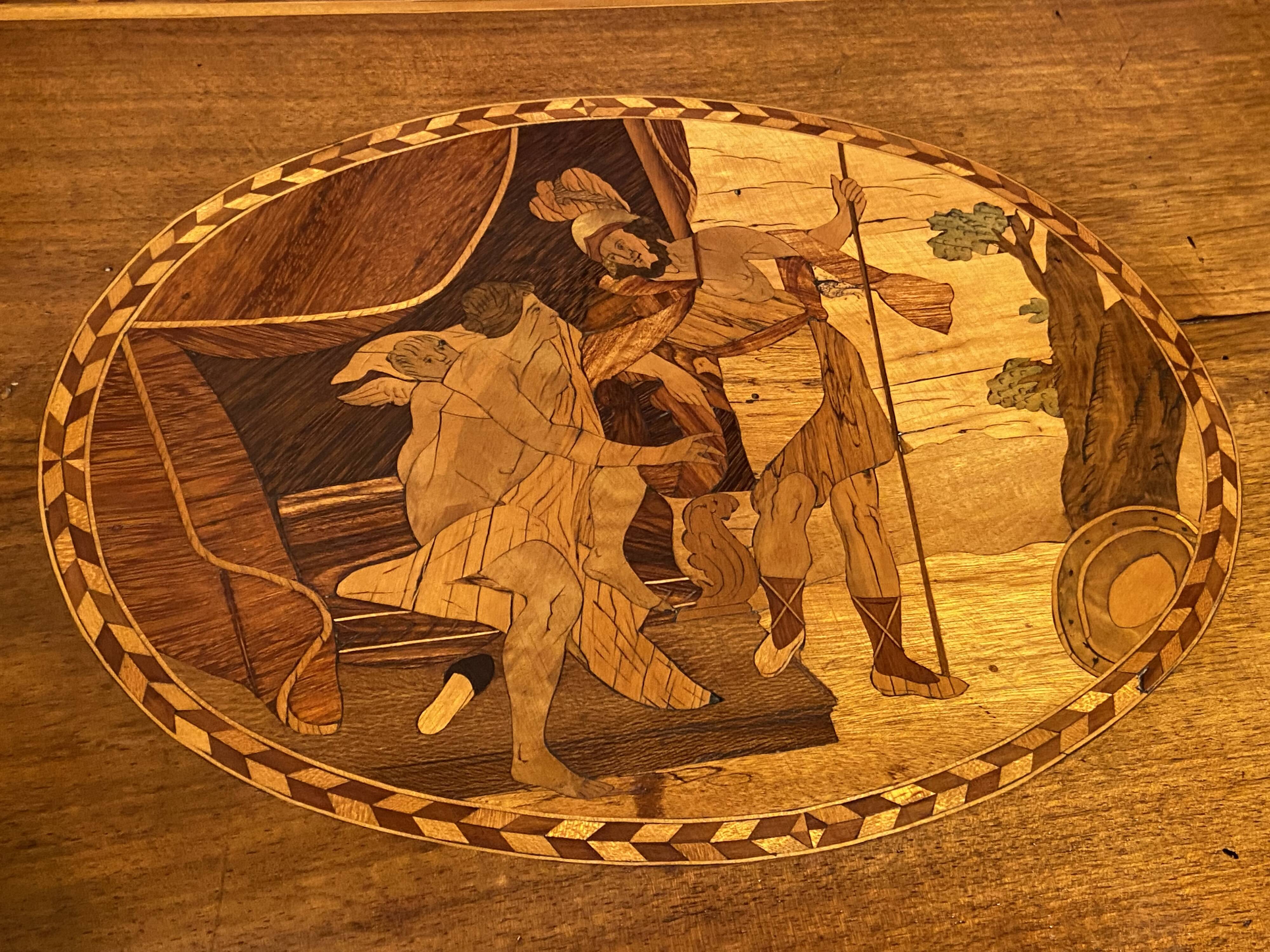 Large Louis XVI chest of drawers with 3 drawers, marquetry decoration depicting an antique scene from the late 18th century.