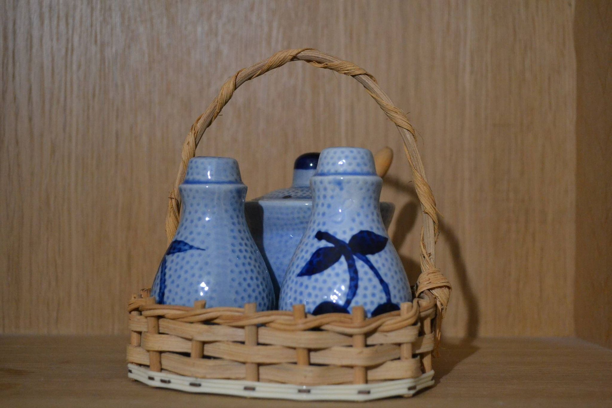 Alsatian blue stoneware salt and pepper shaker set.