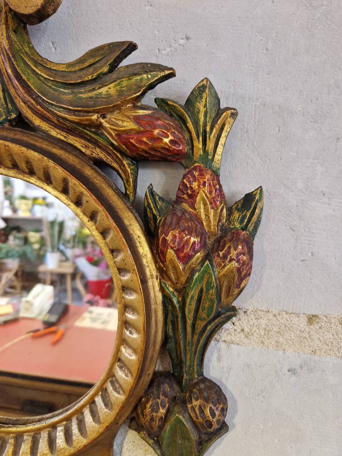 Antique Italian Polychrome Carved Wooden Mirror