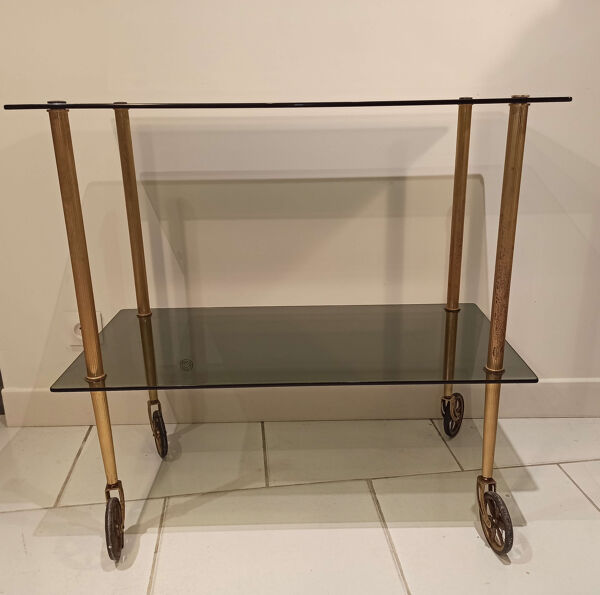 Desserte roulante ancienne vintage plateaux verre fumé piétement doré