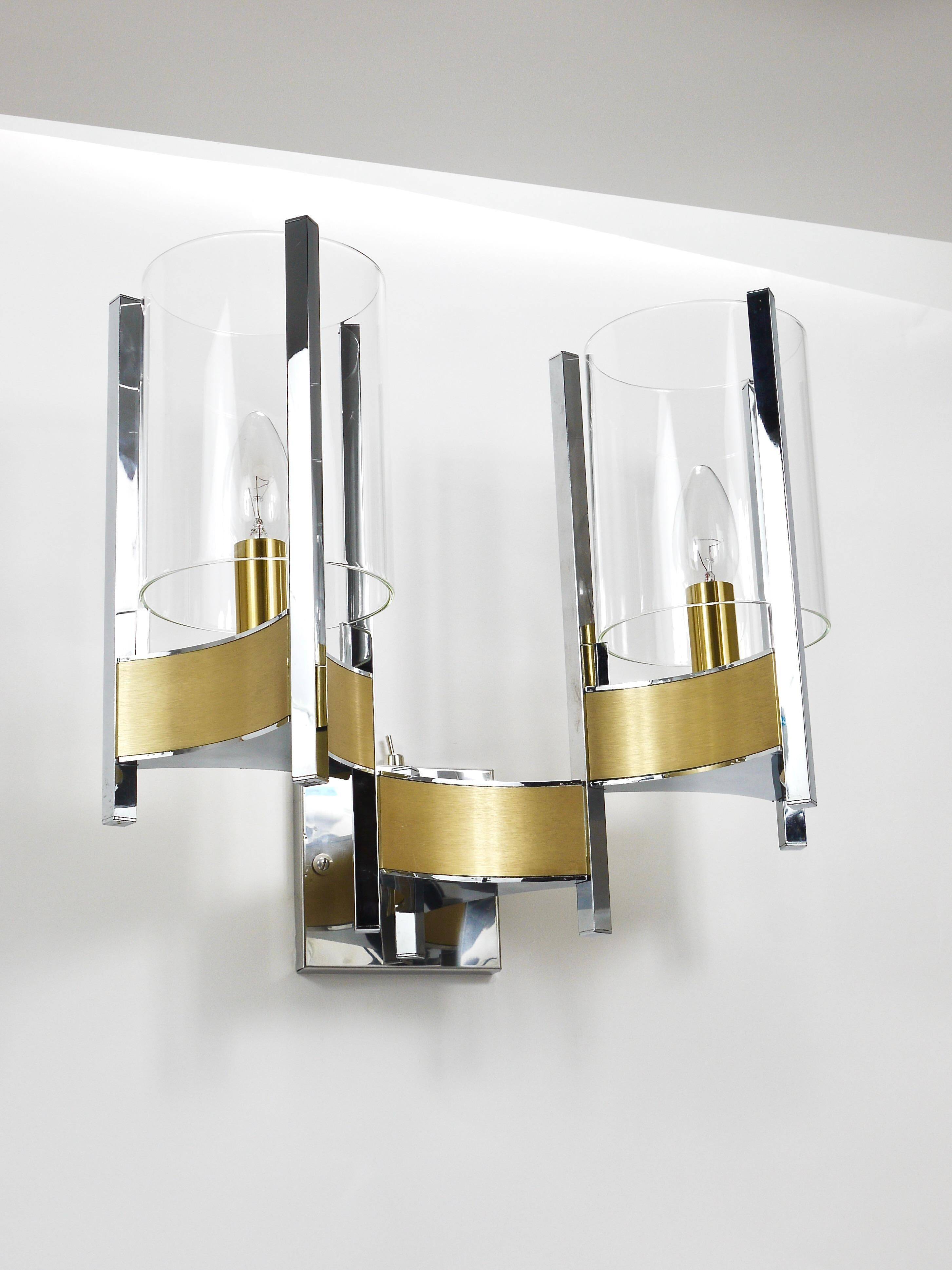 Gaetano Sciolari Large Wall Sconces / Sconces, Chrome, Brass, Glass, 1970s