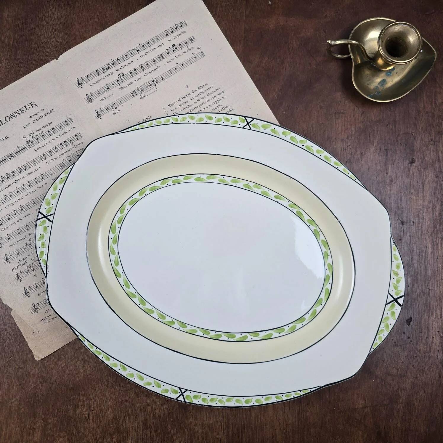 Plat ovale anglais Burleigh Ware – Crème & vert – Made in England
