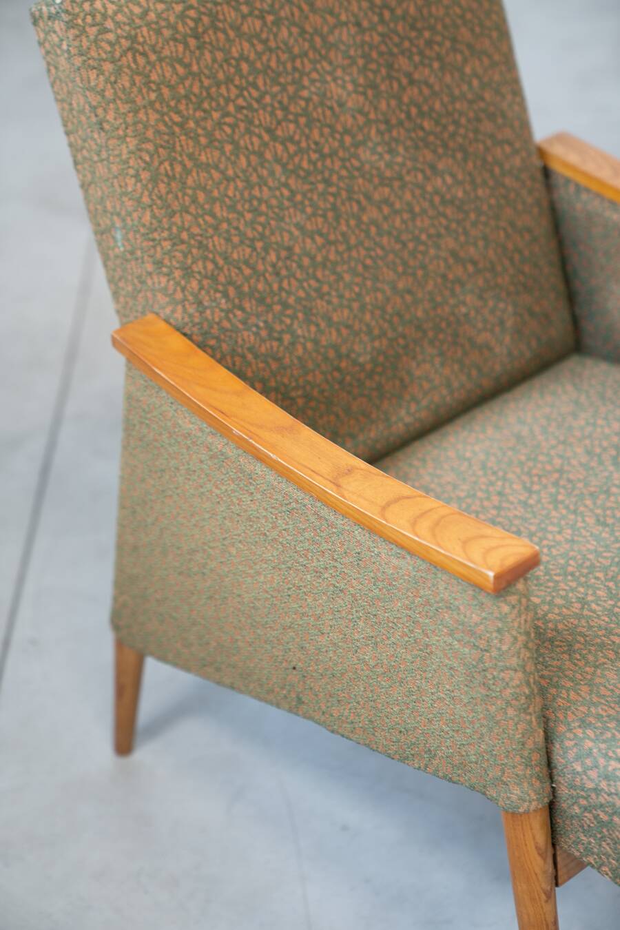 Pair of vintage armchairs in oak and embossed fabric, with old republished certificate of authenticity