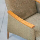 Pair of vintage armchairs in oak and embossed fabric, with old republished certificate of authenticity