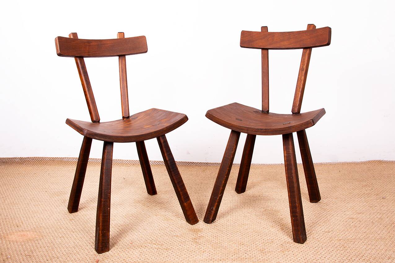 Brutalist pair of chairs in Elm in the style of Jean Touret 1950.