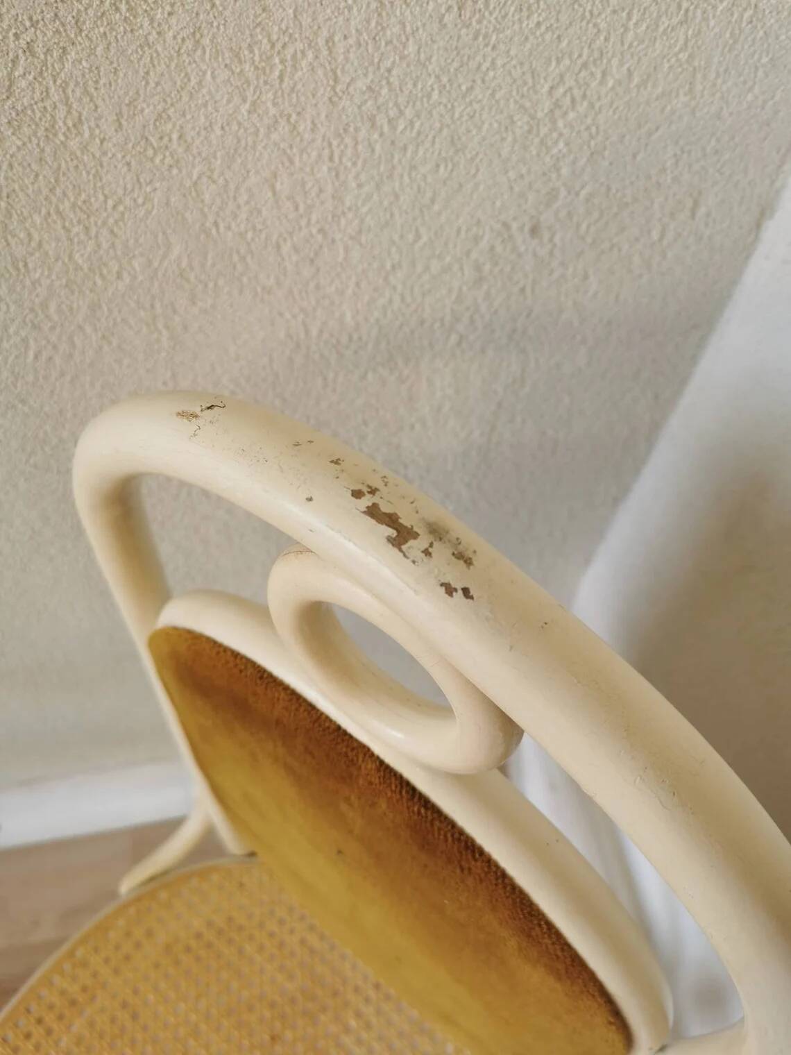 Vintage Thonet Bentwood Dining Chair: Cane Seat, Yellow Fabric Back