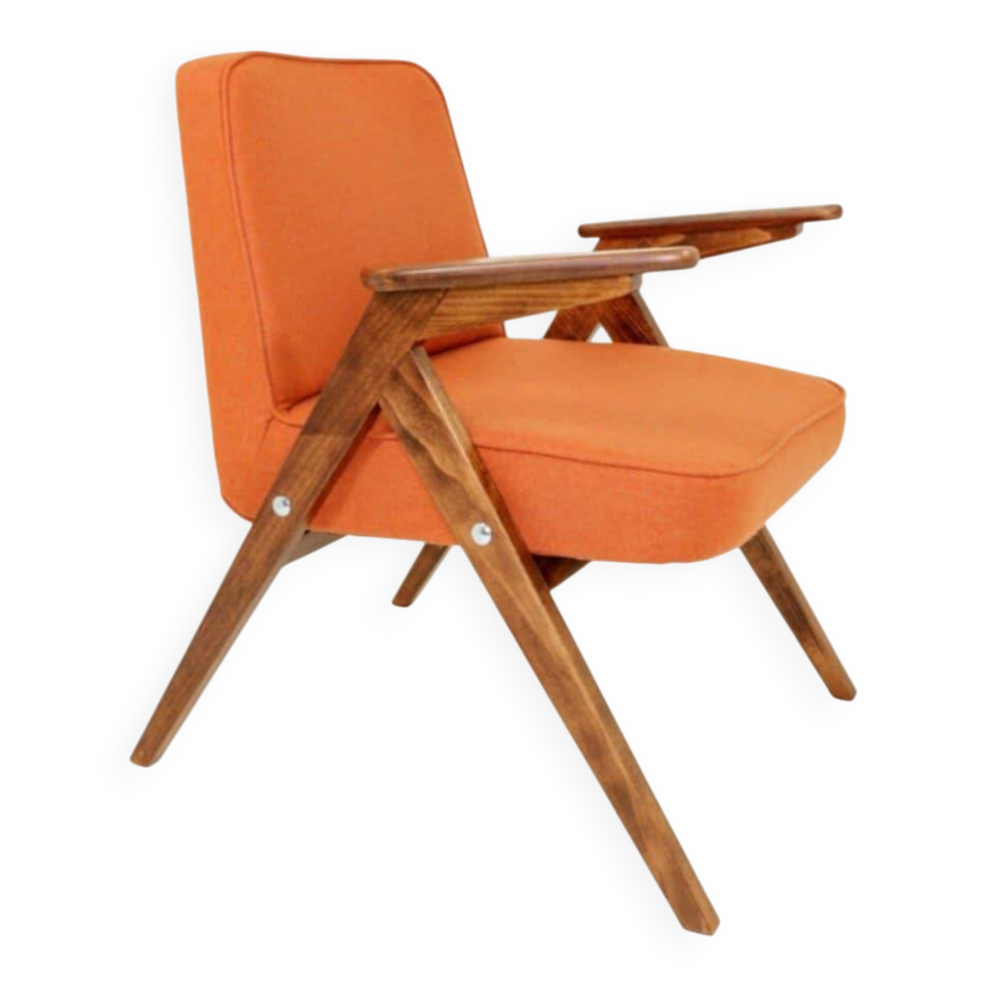 Fauteuil lounge vintage en laine, tissu orange et bois de hêtre
