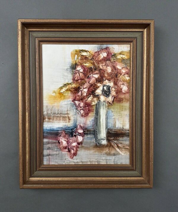 Huile sur panneau XXe nature morte bouquet de fleurs par Mazen