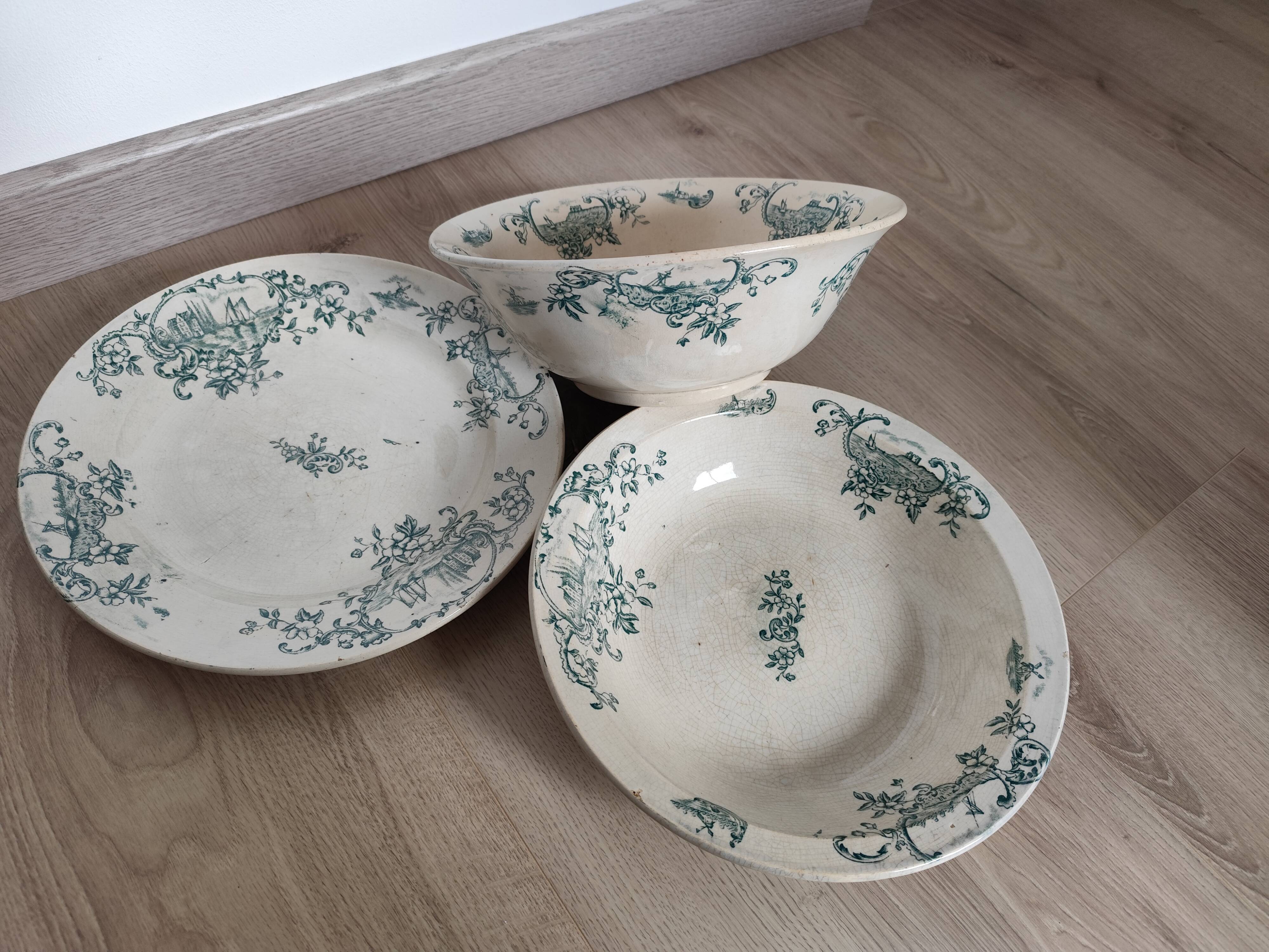 Trio of dishes: Salad bowl, Vegetable dish & Deep plate Faïence de Lyon Model