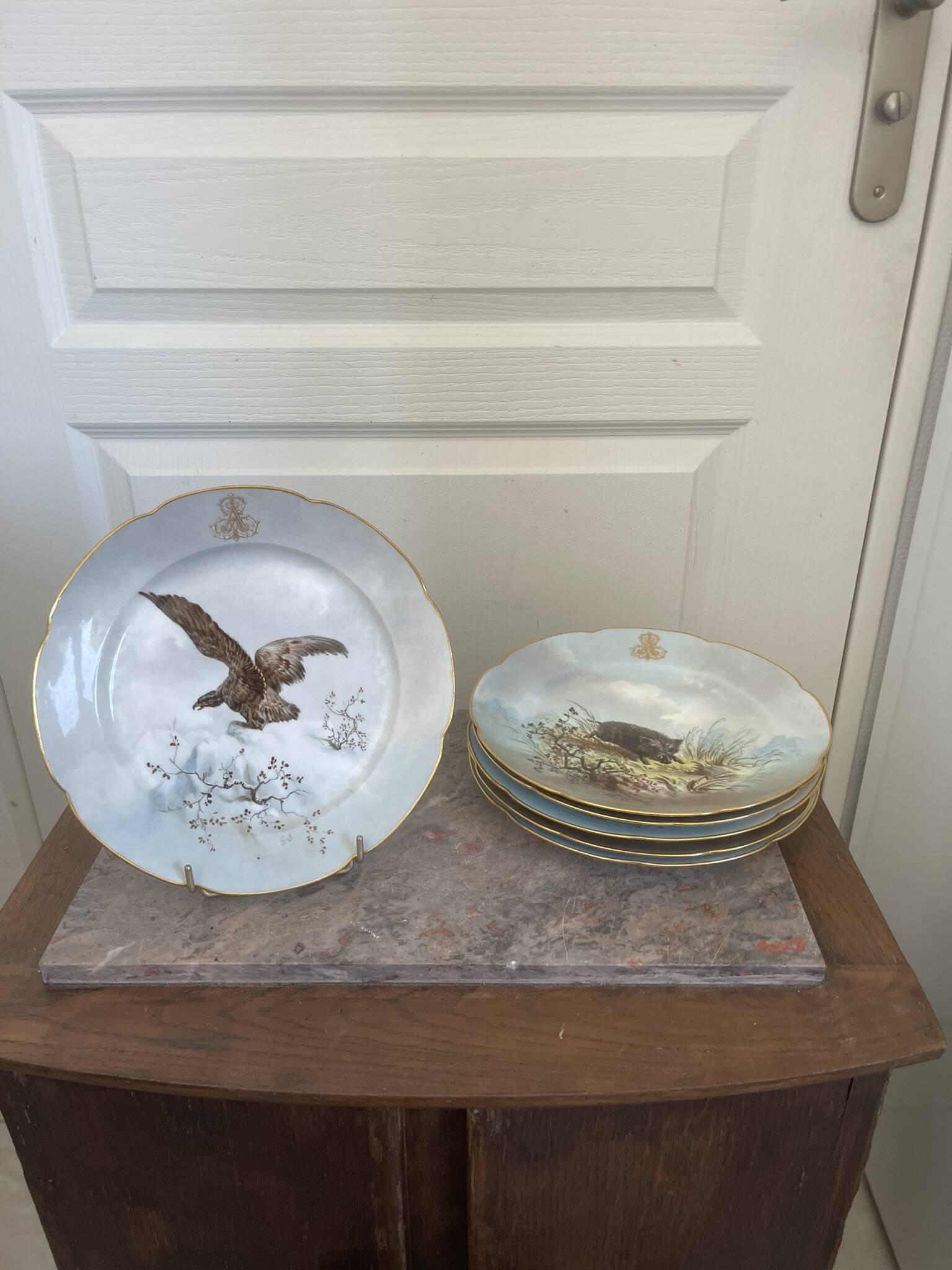 Antique 6x Sèvres Porcelain Plates Lahore & Basket 19th Century Hunting