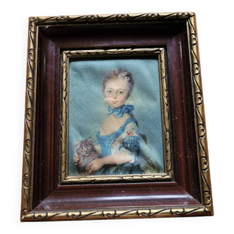 Painting on silk "Girl with a cat" by JB Perronneau in good condition.