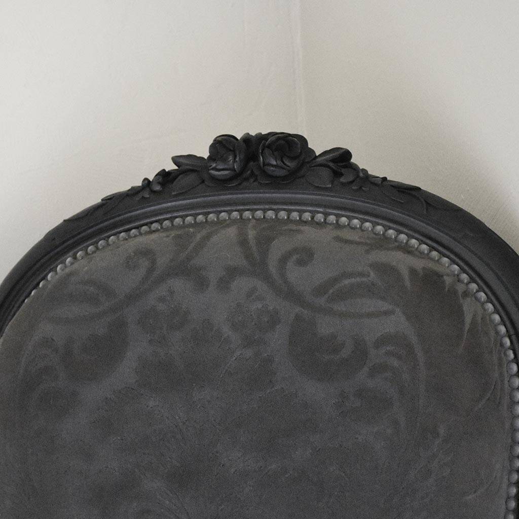 Antique armchair from the Napoléon III era, black wood with grey embossed velvet.