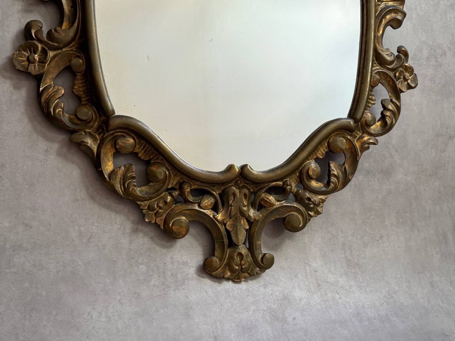 Golden wooden mirror in Baroque style from the 1950s, France.
