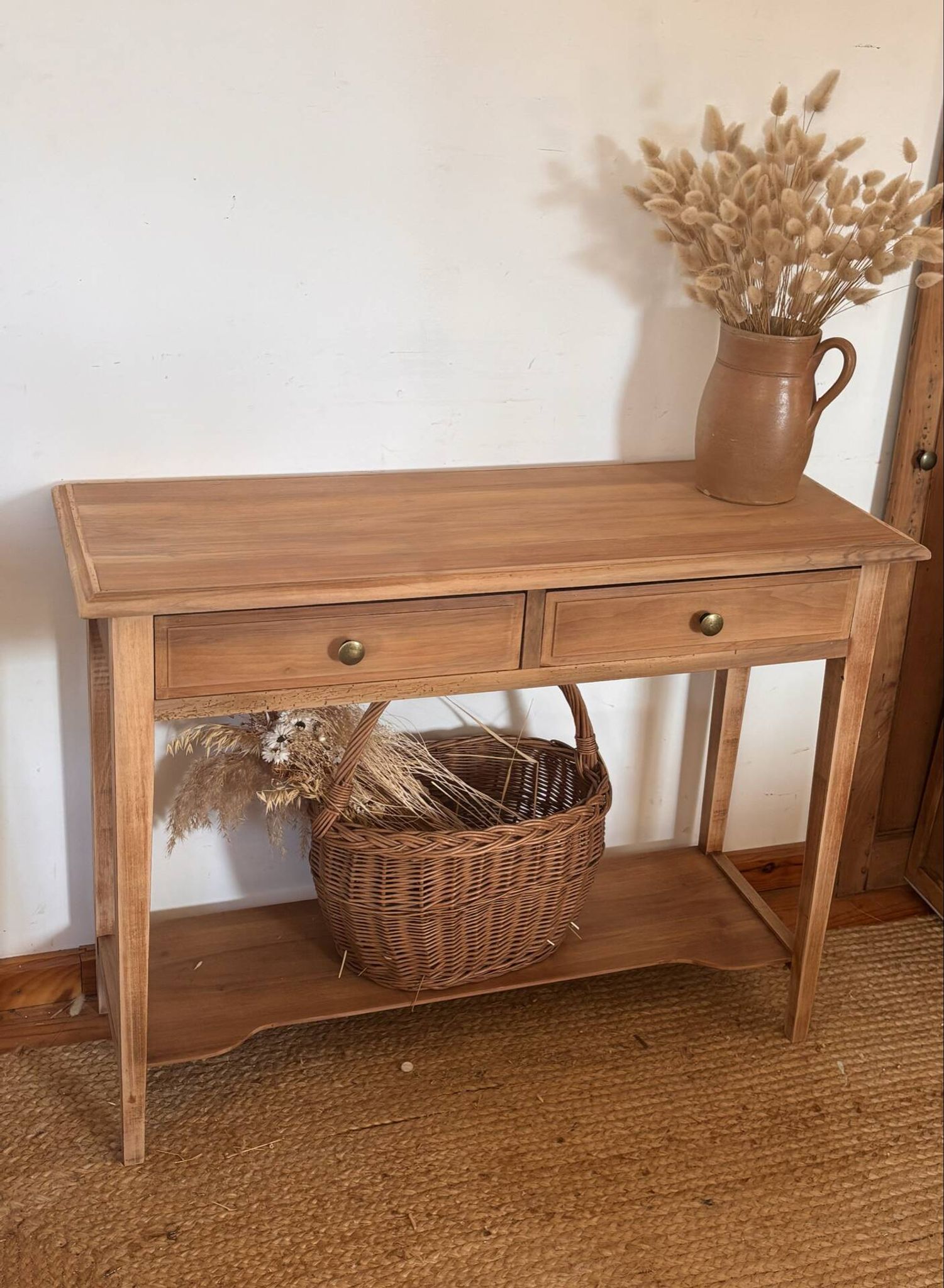 Old solid wood console with 2 drawers.