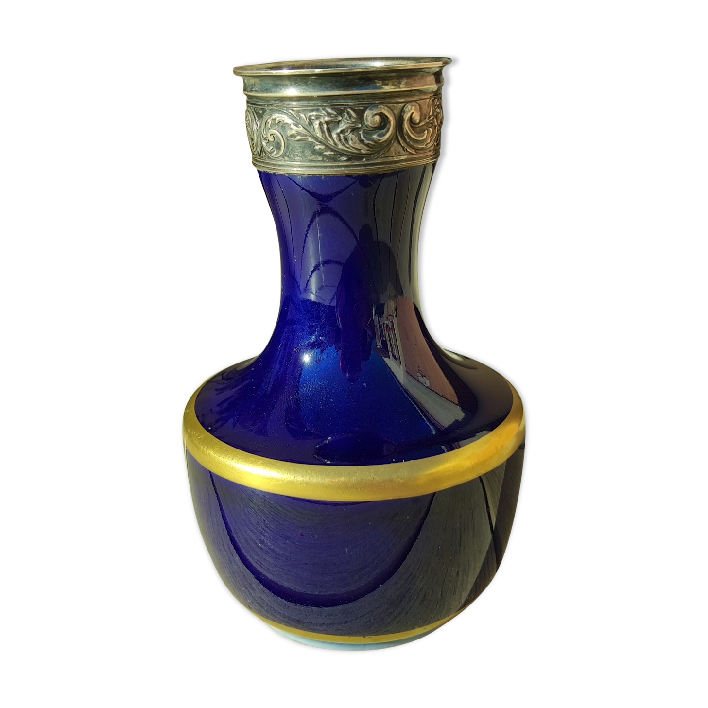 Vase en porcelaine bleu de Sèvres vintage monture argent Selency