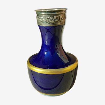 Vintage Sèvres blue porcelain vase, silver frame