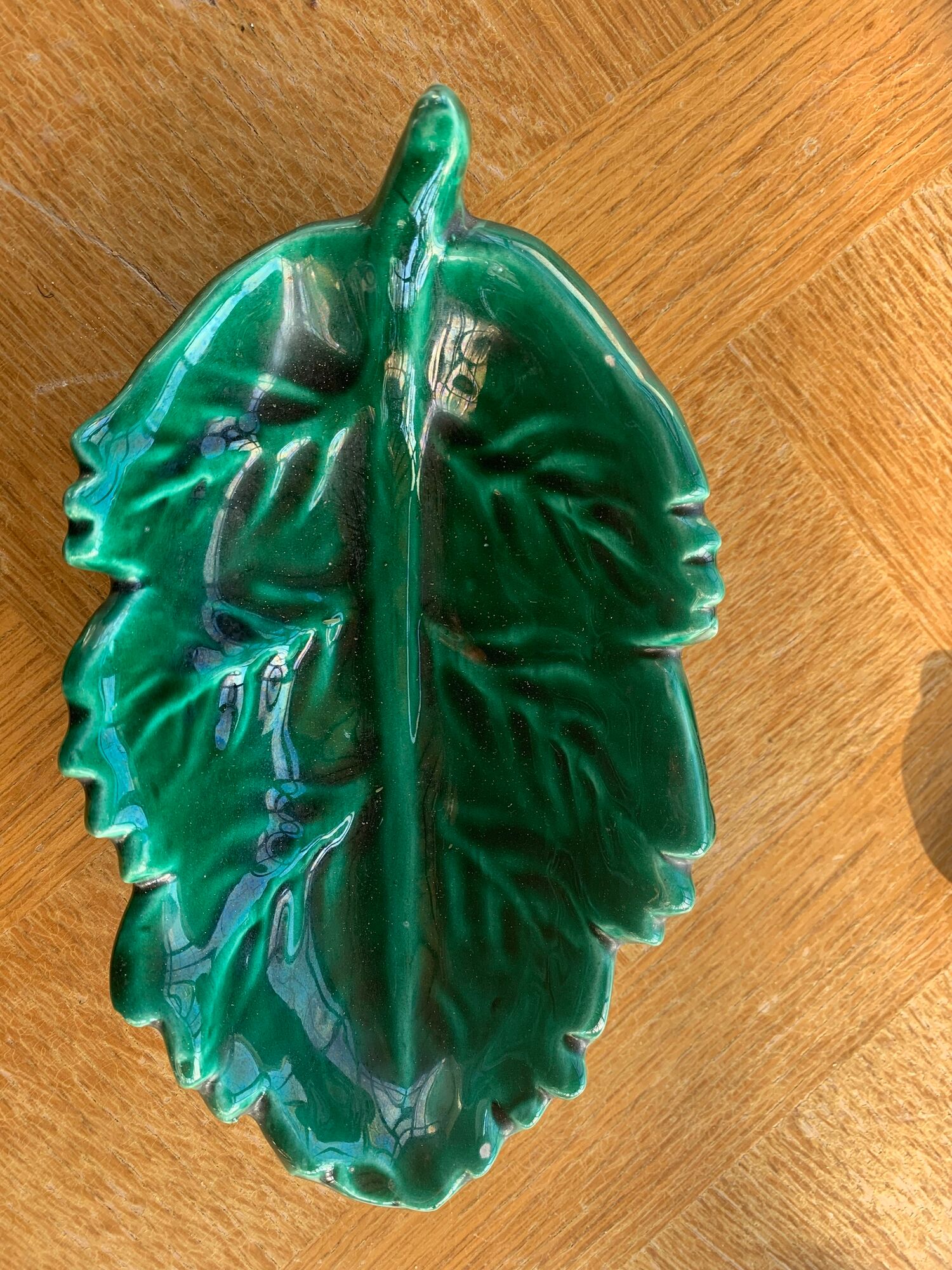 Set of 4 dishes empty pocket enamelled ceramic green lunetta vallauris leaf shape vallauris