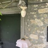 Lustre, suspension en opaline rose et intérieur blanc, complète ancienne