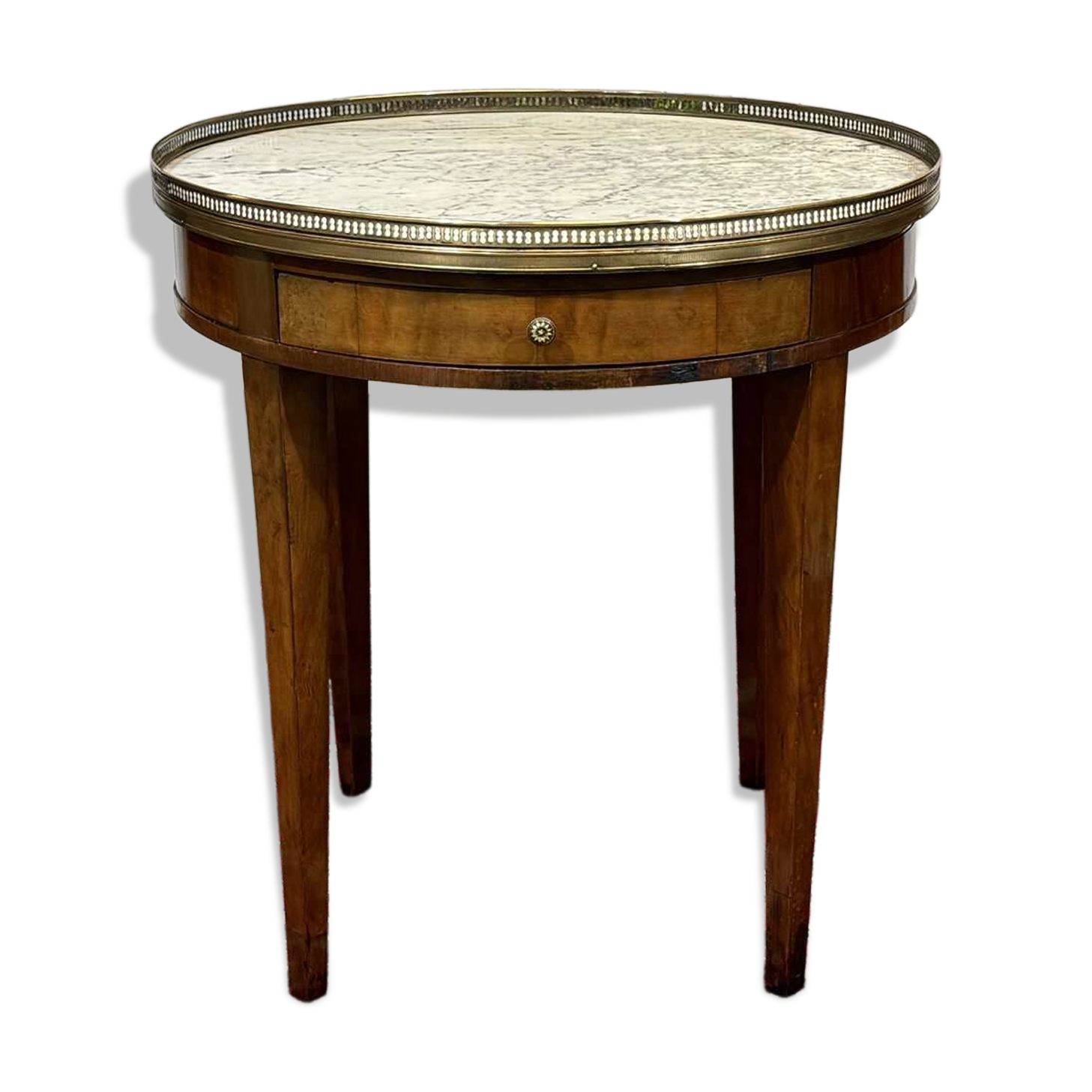 Louis XVI style bouillotte table in mahogany with a white marble top.