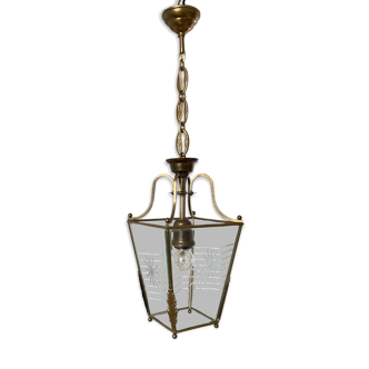 Brass lantern + beveled glasses chiseled with star motifs, 20th century