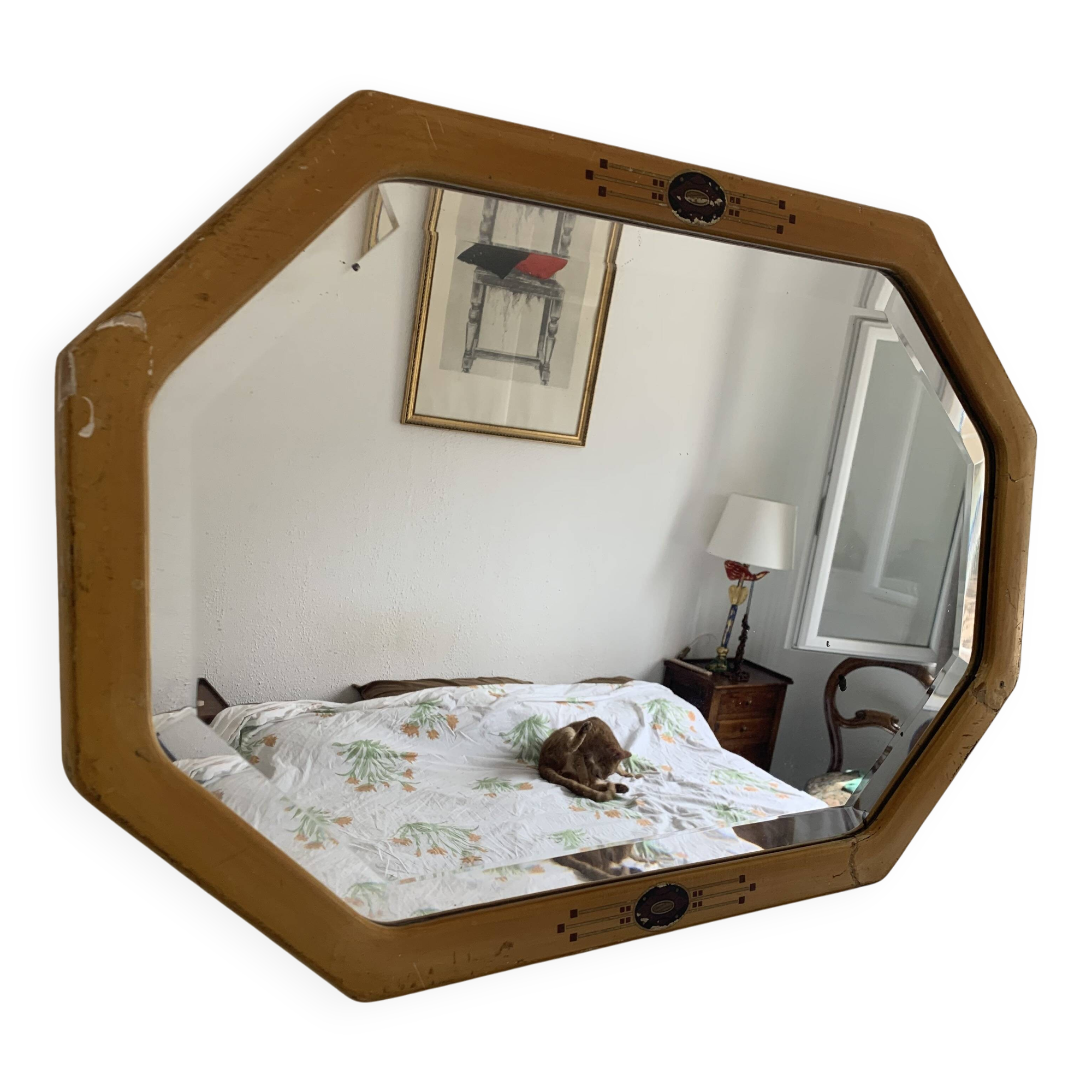 Miroir octogonal biseauté Art Déco en bois et stuc, 1930