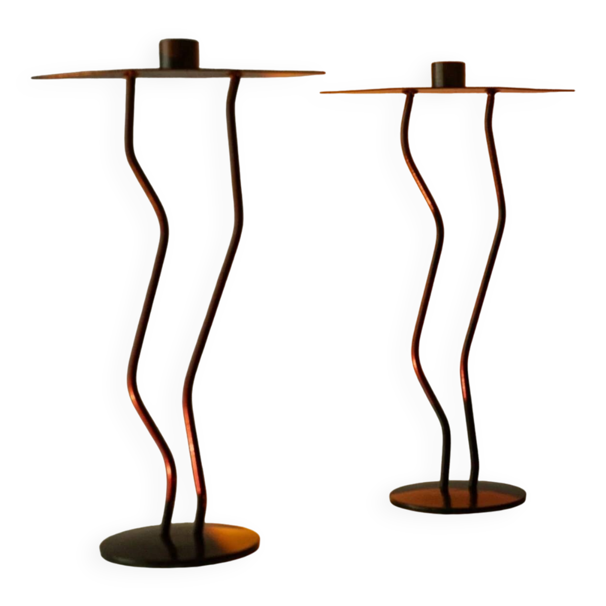 Dark Bronze Metal Candlesticks, Zigzag Postmodern Memphis Style, 2-Piece Set, Italy 1990s