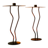 Dark Bronze Metal Candlesticks, Zigzag Postmodern Memphis Style, 2-Piece Set, Italy 1990s