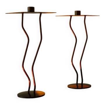 Dark Bronze Metal Candlesticks, Zigzag Postmodern Memphis Style, 2-Piece Set, Italy 1990s