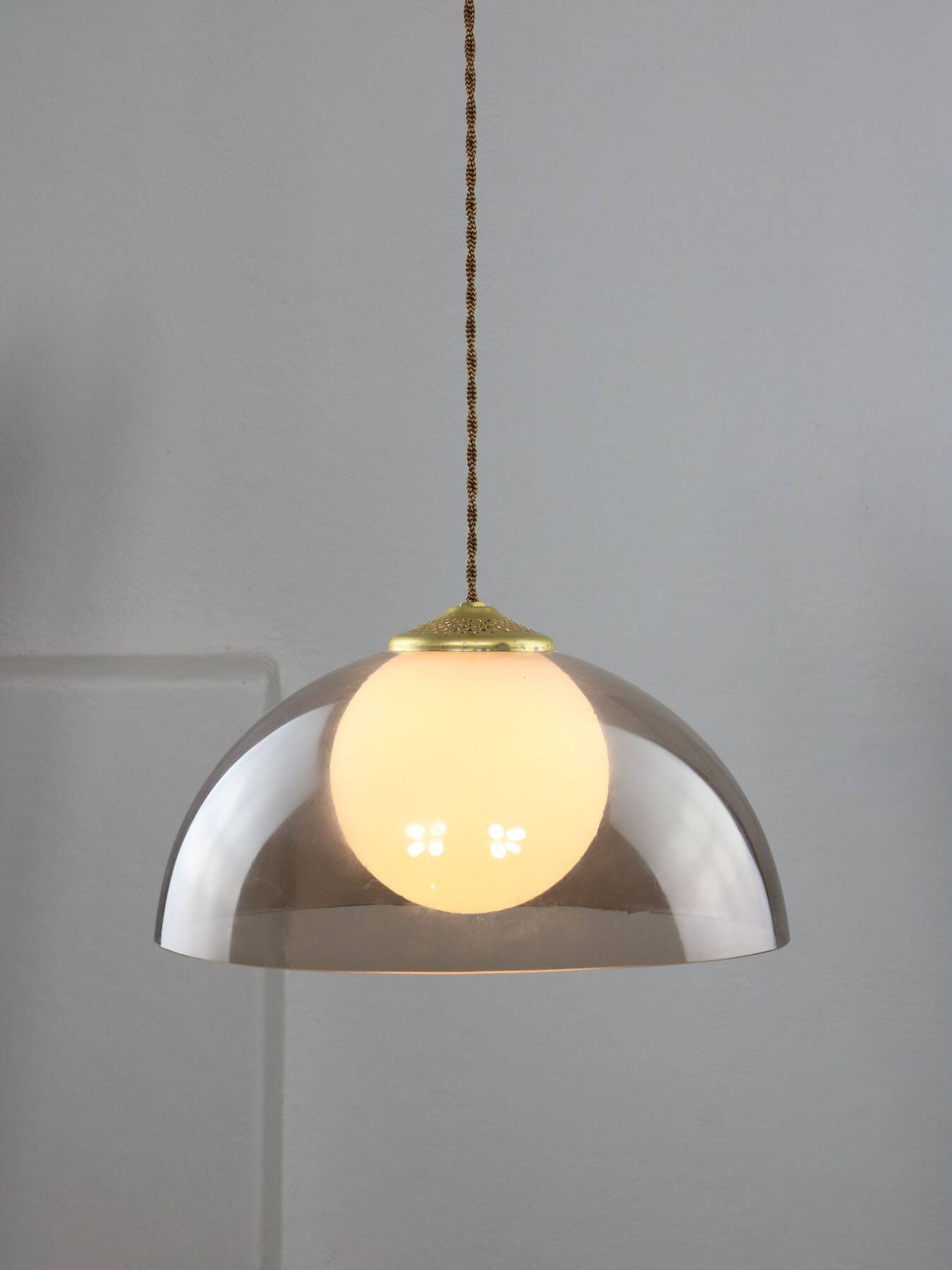 Space-age Italian Brass, Opaline and Plexiglass Pendant Lamp