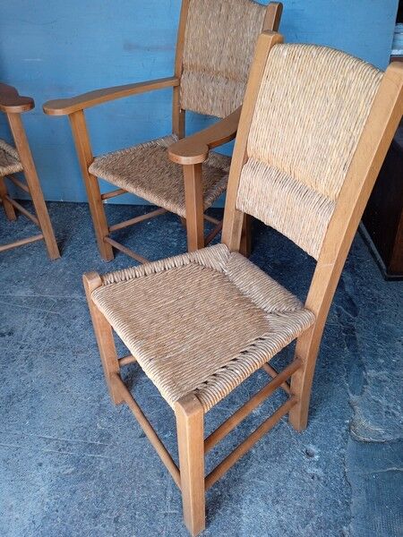 Lot 2 armchairs and 2 chairs design wood and straw period 1970