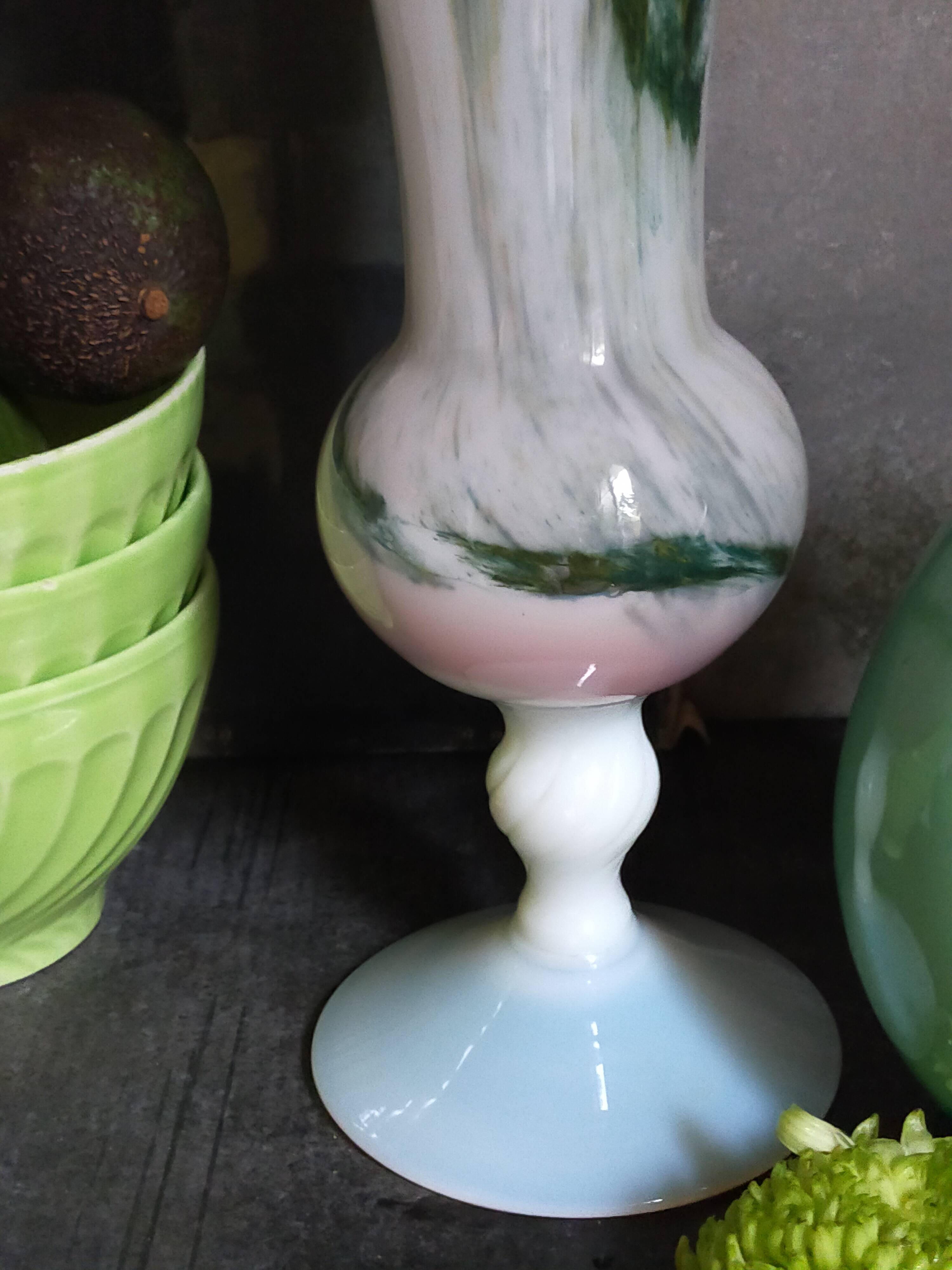 Vase on foot in opaline and vintage blown glass 30 cm