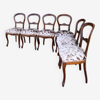 Ensemble de 6 chaises à repas italiennes en noyer et tissu, style Luigi Filippo 1940