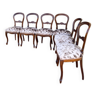 Ensemble de 6 chaises à repas italiennes en noyer et tissu, style Luigi Filippo 1940