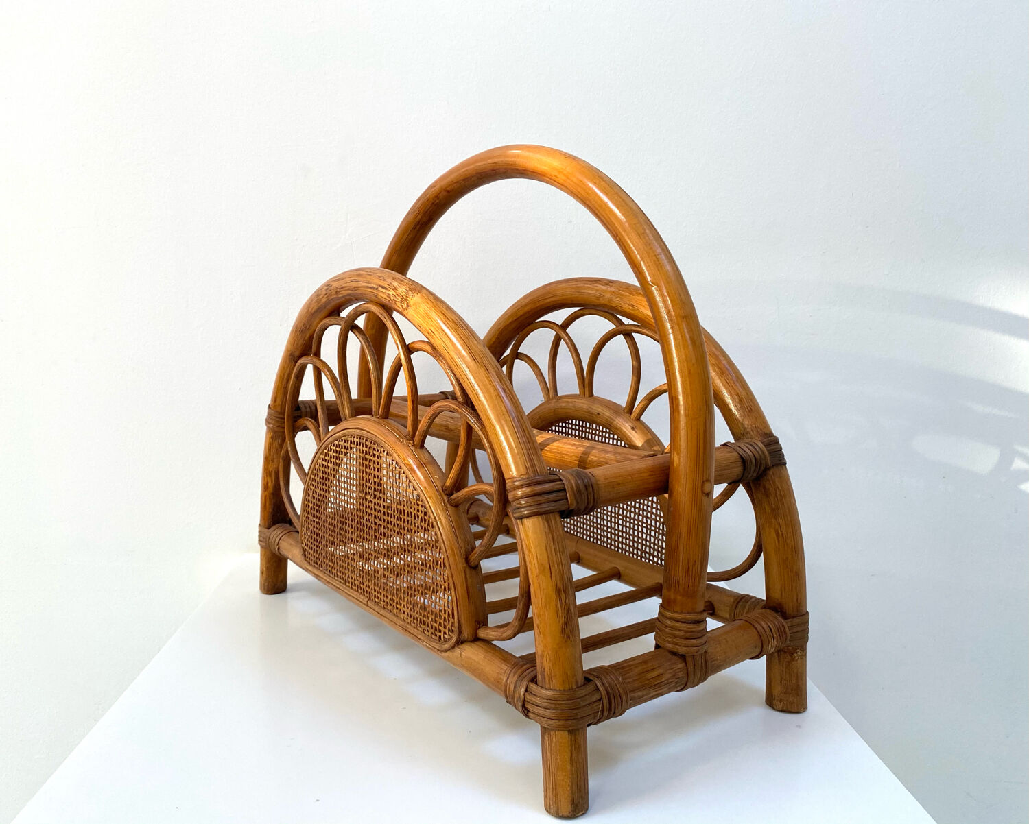 Rattan and bamboo magazine holder from the 70s
