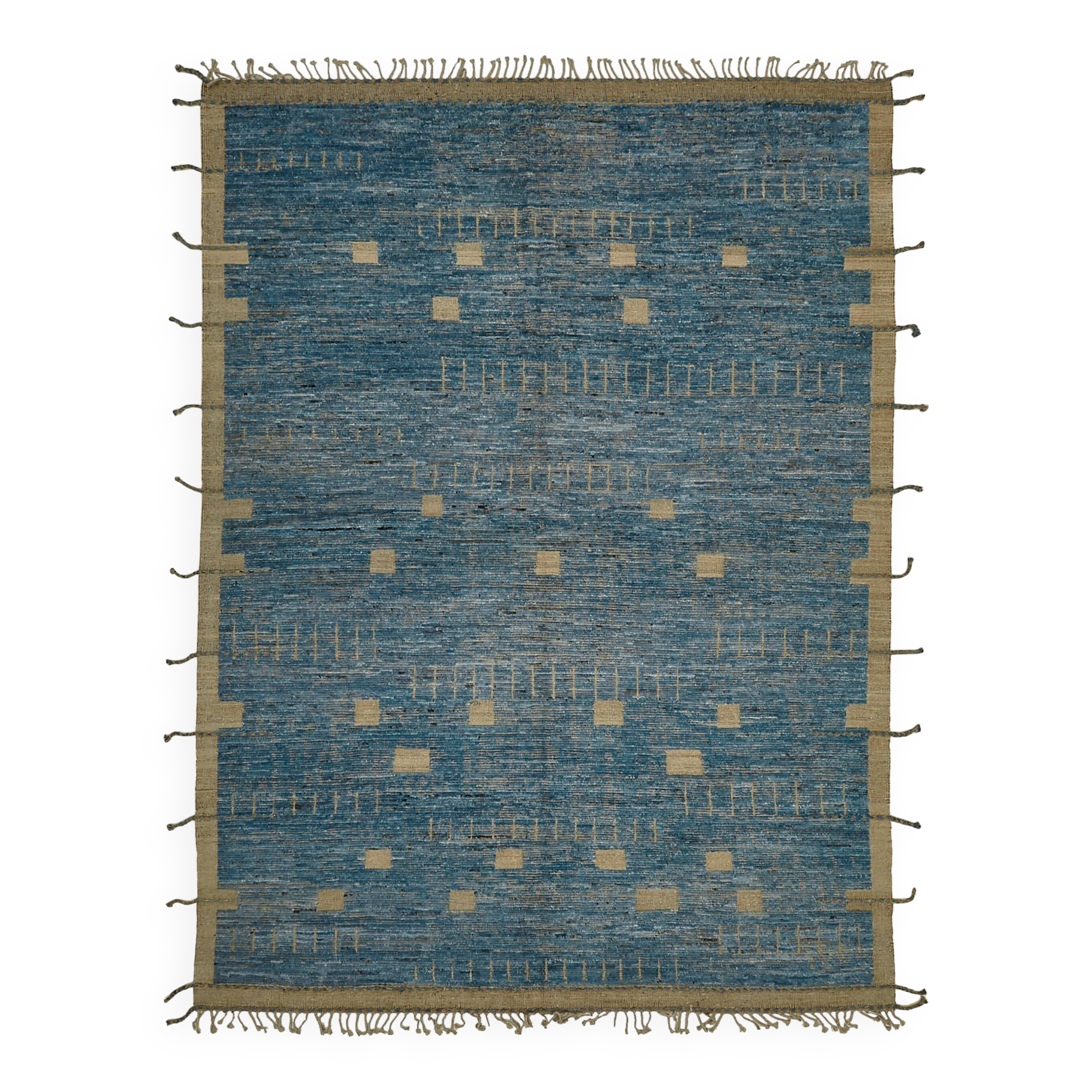 Tapis en laine bleu fait main, unique en son genre, 281 cm x 380 cm.