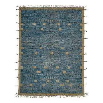 Tapis en laine bleu fait main, unique en son genre, 281 cm x 380 cm.