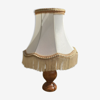 bedside lamp, small turned wooden foot and ecru pagoda lampshade with stripe and fringes