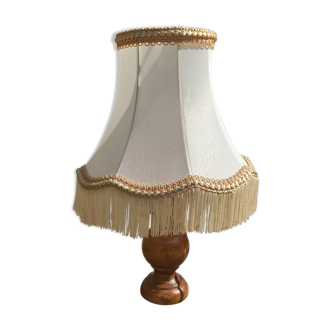bedside lamp, small turned wooden foot and ecru pagoda lampshade with stripe and fringes
